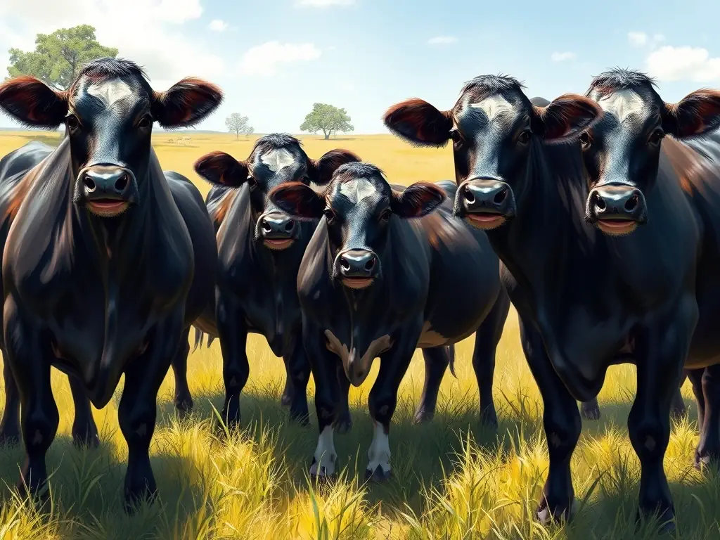 A group of Black Baldy cattle grazing together in a pasture at K Bar K Meats, their distinctive markings and healthy appearance reflecting the quality of care and natural feeding practices on the ranch.