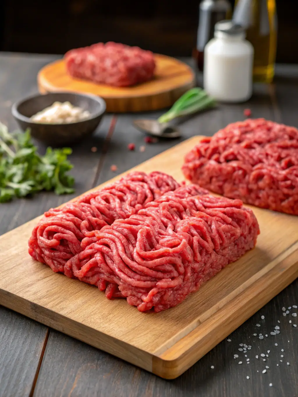 A selection of ground beef packages, neatly arranged to show the lean texture and vibrant color of K Bar K Ranch's pasture-raised beef, ready for customers to add to their cart.