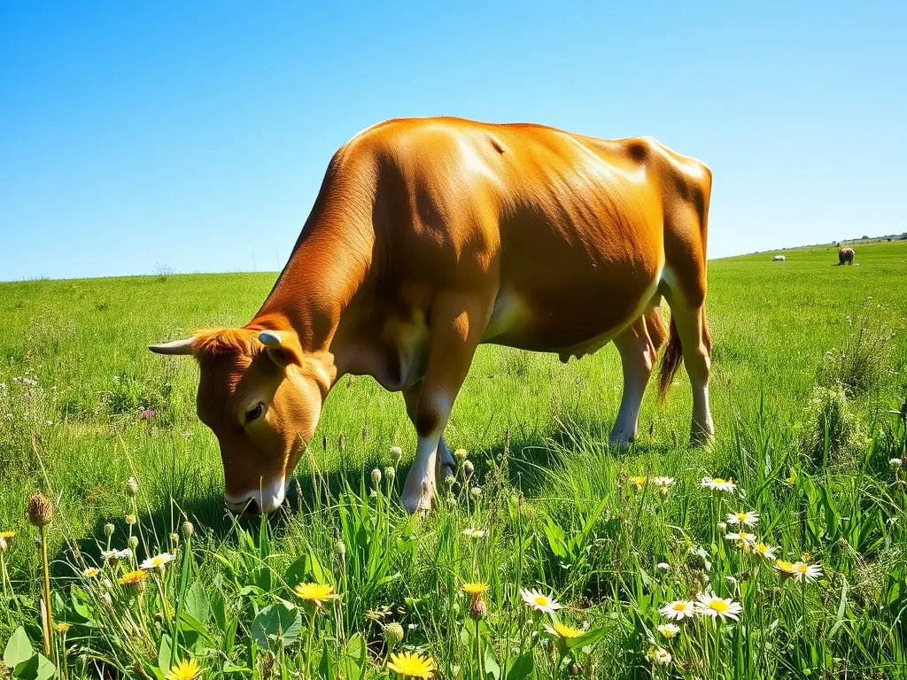 A serene image of a Cowherd grazing peacefully in a green field at K Bar K Meats, highlighting their gentle nature and the natural environment in which they thrive, contributing to the quality of our beef.