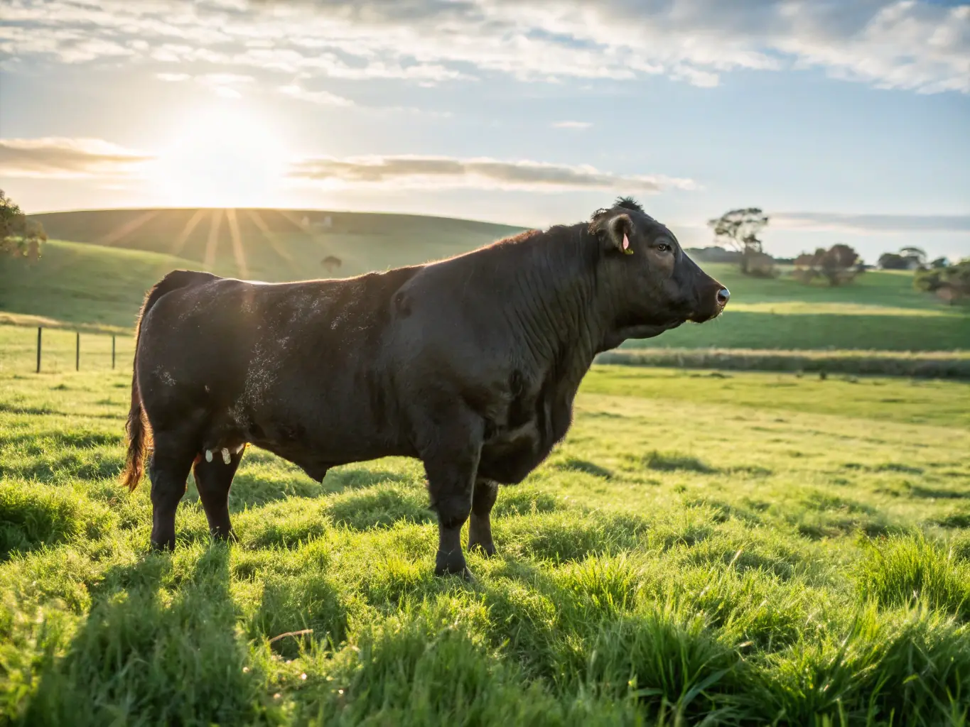 A majestic Herdbull standing proudly in a sunlit pasture at K Bar K Meats, showcasing its strong physique and healthy coat, symbolizing the superior genetics of our beef.