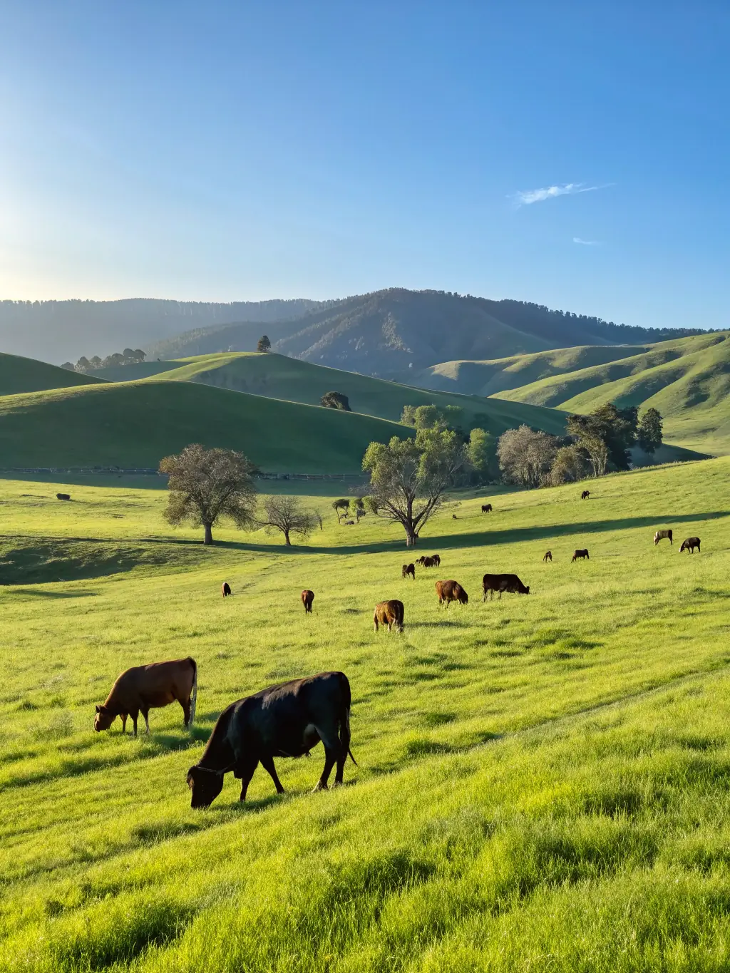 A mixed herd of cattle grazing freely across a wide expanse of pasture at K Bar K Ranch, illustrating the open and natural environment in which they are raised.