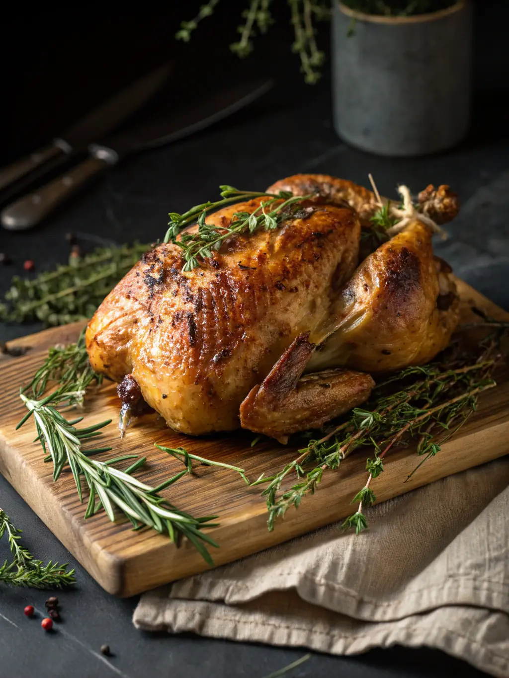 A whole chicken, showcasing the golden-brown skin and plumpness of K Bar K Ranch's pasture-raised poultry, ready for online ordering.